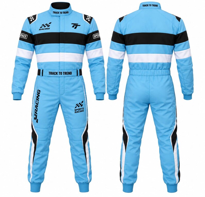 May include: A light blue racing suit featuring black and white horizontal stripes across the chest and arms. The suit includes the text "TRACK TO TREND" on the collar and belt, "RACING" on the leg, and "SPORTS RACING" with a checkered flag logo.