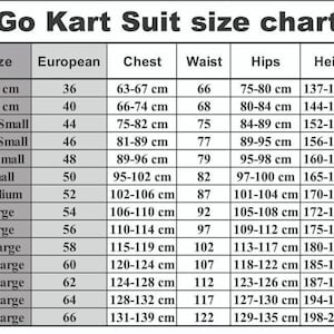 May include: A Go Kart Suit size chart presented as a table with columns for Size, European, Chest, Waist, Hips, and Height. The chart lists measurements in centimeters for sizes ranging from 140 cm to 5X-Large, with European sizes from 36 to 66.