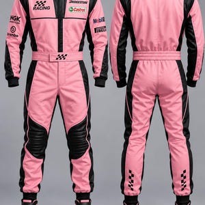 May include: A pink and black racing suit featuring a high collar, long sleeves, and a belted waist. The front displays logos for Racing, Bridgestone, Castrol, Mobil, Pirelli, NGK Spark Plugs, and Brembo. The back features a Racing logo on the collar.