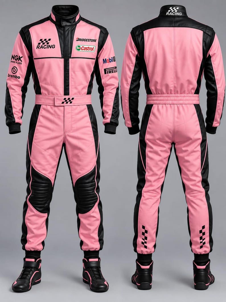 May include: A pink and black racing suit featuring a high collar, long sleeves, and a belted waist. The front displays logos for Racing, Bridgestone, Castrol, Mobil, Pirelli, NGK Spark Plugs, and Brembo. The back features a Racing logo on the collar.
