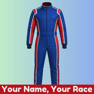 May include: A blue racing suit featuring a high collar, long sleeves, and a waist belt. The garment is accented with vertical red and white stripes running down the arms and legs. The text "Your Name, Your Race" is printed at the bottom.