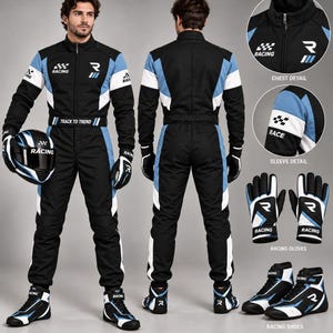 Puede incluir: Un mono de carreras negro, blanco y azul claro con cremallera frontal, cuello alto y el texto "RACING" y "TRACK TO TREND". Incluye guantes de carreras a juego con la letra "R" y zapatos de carreras de caña alta con detalles azules.