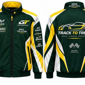 Könnte beinhalten: Eine dunkelgrüne, gelbe und weiße Rennjacke mit Stehkragen, durchgehendem Reißverschluss und verschiedenen aufgedruckten Grafiken, darunter GT MOTORSPORT, TURBO, SPEED PERFORMANCE und DRIVE THE FUTURE auf der Vorder- und Rückseite.