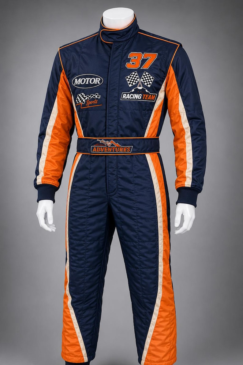 May include: A navy blue and orange racing suit featuring the number 37, checkered flag graphics, and patches reading MOTOR, RACING TEAM, and ADVENTURES. The suit has a high collar, long sleeves with orange side panels, and a matching waist belt.