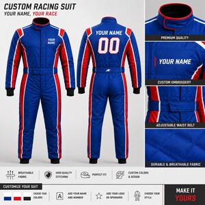 May include: A blue racing suit with red and white side stripes, a high collar, and an adjustable waist belt. The suit features text that reads CUSTOM RACING SUIT, YOUR NAME, YOUR RACE, and includes areas for custom embroidery and numbering.