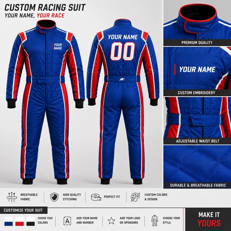 May include: A blue racing suit with red and white side stripes, a high collar, and an adjustable waist belt. The suit features text that reads CUSTOM RACING SUIT, YOUR NAME, YOUR RACE, and includes areas for custom embroidery and numbering.