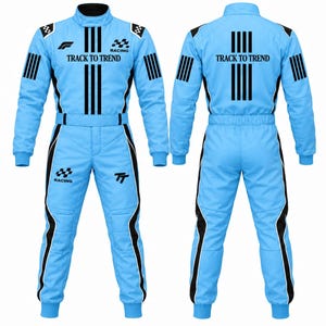 May include: A light blue racing suit featuring black vertical stripes, black side panels, and checkered flag graphics. The front displays the text "TRACK TO TREND" and "RACING" with a "TT" logo, while the back repeats the "TRACK TO TREND" text.