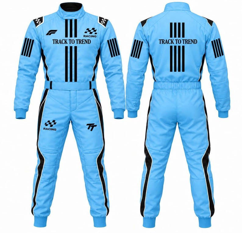 May include: A light blue racing suit featuring black vertical stripes, black side panels, and checkered flag graphics. The front displays the text "TRACK TO TREND" and "RACING" with a "TT" logo, while the back repeats the "TRACK TO TREND" text.