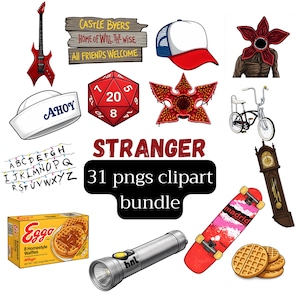 May include: A collection of Stranger Things-themed clipart, including a red electric guitar, a wooden sign, a baseball cap, a Demogorgon, a sailor hat with "AHOY", a red 20-sided die, a bicycle, a string of lights, the word "STRANGER", a box of Eggo waffles, a flashlight, a skateboard, and a grandfather clock.