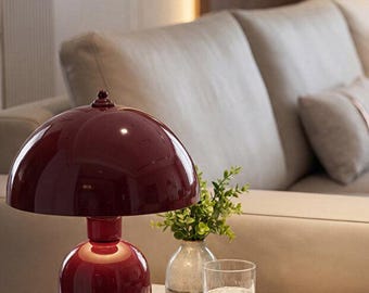 Burgundy Mushroom Table Lamp Retro Metal Bedside Light Modern Home Decor