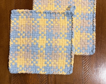 Pot Holders Handcrafted XL Woven Cotton Loop Kitchen Potholders Set of Two Handmade 8" x 8"