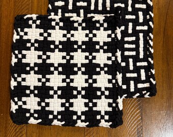 Handmade XL Woven Cotton Pot Holders Set of Two – Black and White Kitchen Potholders
