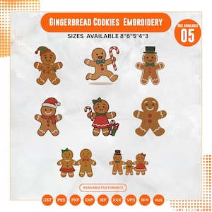 Può includere: Disegni di ricamo di biscotti di pan di zenzero. I disegni presentano omini di pan di zenzero con accessori come cappelli, papillon e bastoncini di zucchero. Il testo "GINGERBREAD COOKIES EMBROIDERY" è visualizzato in alto. Misure disponibili: 20cm, 15cm, 13cm, 10cm, 8cm.
