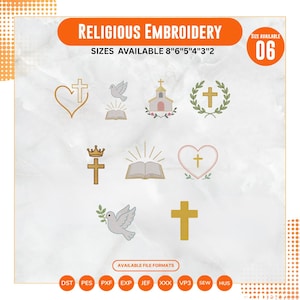 Puede incluir: Una colección de diseños de bordado religioso con cruces, palomas, iglesias y libros abiertos. Los diseños son en oro y blanco, con el texto "RELIGIOUS EMBROIDERY" y opciones de tamaño. Se enumeran los formatos de archivo disponibles.