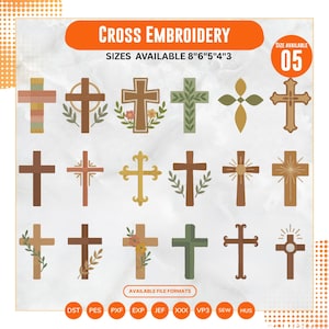 Puede incluir: Una colección de diseños de bordado de cruces en varios estilos y colores, incluyendo marrón, verde y dorado. La imagen incluye el texto "CROSS EMBROIDERY" y opciones de tamaño de 20cm, 15cm, 13cm, 10cm y 8cm. Formatos de archivo disponibles en la parte inferior.