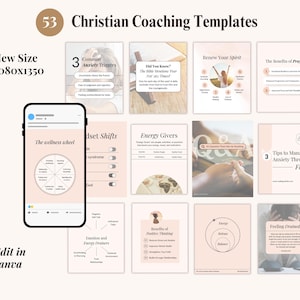 May include: A collection of 53 Christian coaching templates for social media, featuring a soft pink and white color palette. The templates include text such as 3 Common Anxiety Triggers, Renew Your Spirit, The Benefits of Prayer, and Tips to Manage Anxiety Through Faith. A smartphone displays a wellness wheel graphic.