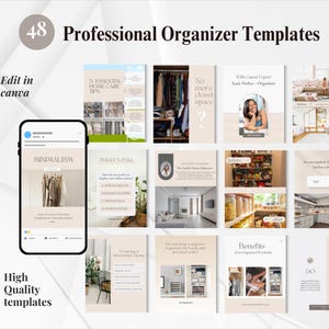 Könnte beinhalten: Werbebild für professionelle Organizer-Vorlagen. Das Bild zeigt ein Smartphone mit minimalistischem Design sowie verschiedene quadratische Vorlagen mit Tipps zur Organisation des Zuhauses und Vorher-Nachher-Fotos. Der Text enthält "48 Professional Organizer Vorlagen" und "Bearbeiten in Canva."