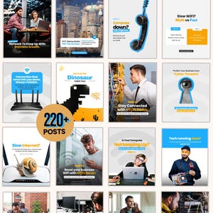 May include: A collection of digital marketing social media templates for IT services featuring various tech-related imagery, including routers, network cables, and office professionals, with bold text overlays and a central 220+ posts badge.