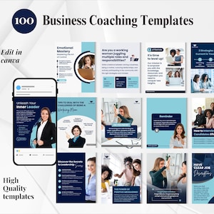 Puede incluir: Imagen promocional de 100 plantillas de coaching empresarial. El diseño presenta un teléfono inteligente que muestra una plantilla, rodeado de varios ejemplos en azul y blanco. El texto incluye "Business Coaching Templates" y "Edit in Canva."