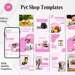 Puede incluir: Un conjunto de plantillas rosas y blancas para una tienda de mascotas, con imágenes de juguetes para perros, mantequilla de maní y un chaleco salvavidas para perros. Las plantillas están diseñadas para redes sociales y contienen el texto "Pet Shop Templates".