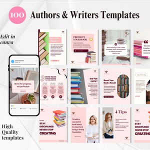 May include: A set of 100 social media templates for authors and writers, in pink and white. The templates feature text like "Promote Your Book" and "Book Sales Strategies". The Canva logo is displayed, indicating the templates are editable.