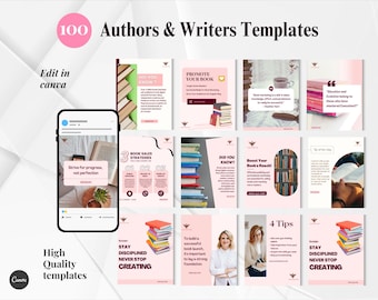 May include: A set of 100 social media templates for authors and writers, in pink and white. The templates feature text like "Promote Your Book" and "Book Sales Strategies". The Canva logo is displayed, indicating the templates are editable.
