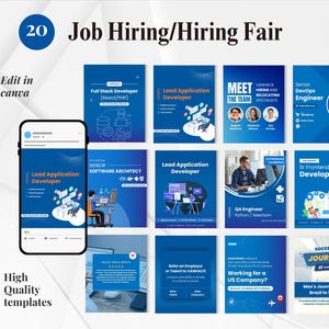 May include: A promotional graphic for a job fair, featuring a smartphone displaying a Lead Application Developer ad. The image includes various job postings for tech roles like Full Stack Developer and Senior DevOps Engineer. Text includes "Job Hiring/Hiring Fair" and "Edit in Canva."