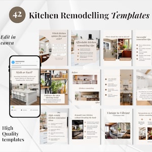 以下が含まれることがあります： 「Kitchen Remodelling Templates」の文字が上部に表示された、42個のキッチンリフォームテンプレートの画像。Canvaで使用するために設計されており、さまざまなデザインアイデアとリノベーションのヒントが含まれています。「Edit in Canva」と「High Quality templates」の文字も含まれています。