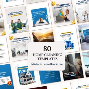 May include: A collection of 80 home cleaning templates featuring various images of professional cleaners, residential interiors, and cleaning equipment, all presented in a grid layout with text overlays for social media marketing and business promotion.