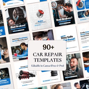 May include: A collection of car repair templates with various images of brake systems and mechanics. The templates include text such as "Bad Brakes!", "Stay Safe the Road!", and "90+ CAR REPAIR TEMPLATES".