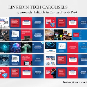 May include: A digital collection of 19 LinkedIn tech carousels titled LINKEDIN TECH CAROUSELS, editable in Canva. The graphic set features red and blue panels with text, icons, and imagery related to data, network security, and managed IT services.