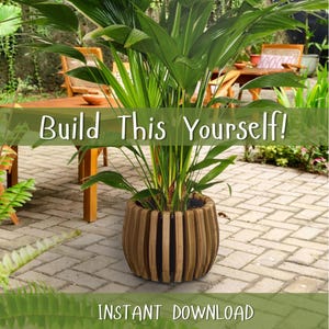 May include: A vibrant green plant in a decorative wooden planter. The planter features vertical wooden slats. The image includes the text "Build This Yourself!" and "Instant Download". The plant is on a brick patio.