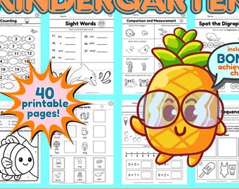 Kindergarten Summer Review Packet | Math ELA Printable Worksheets (40 Pages)