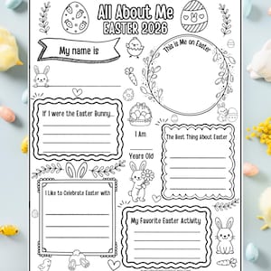 May include: Black and white printable Easter activity sheet titled "All About Me Easter 2026". Includes fill-in-the-blank sections with Easter-themed illustrations of bunnies, eggs, and chicks. Features the text "My name is", "If I were the Easter Bunny...", and "I like to celebrate Easter with".