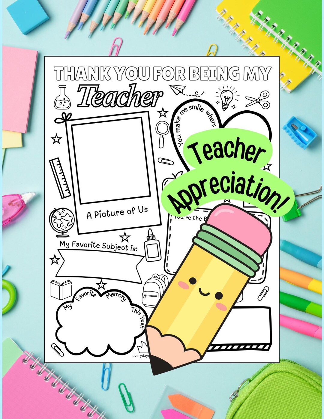 All About My Teacher Coloring Page | Teacher Gift and Keepsake (digital ...