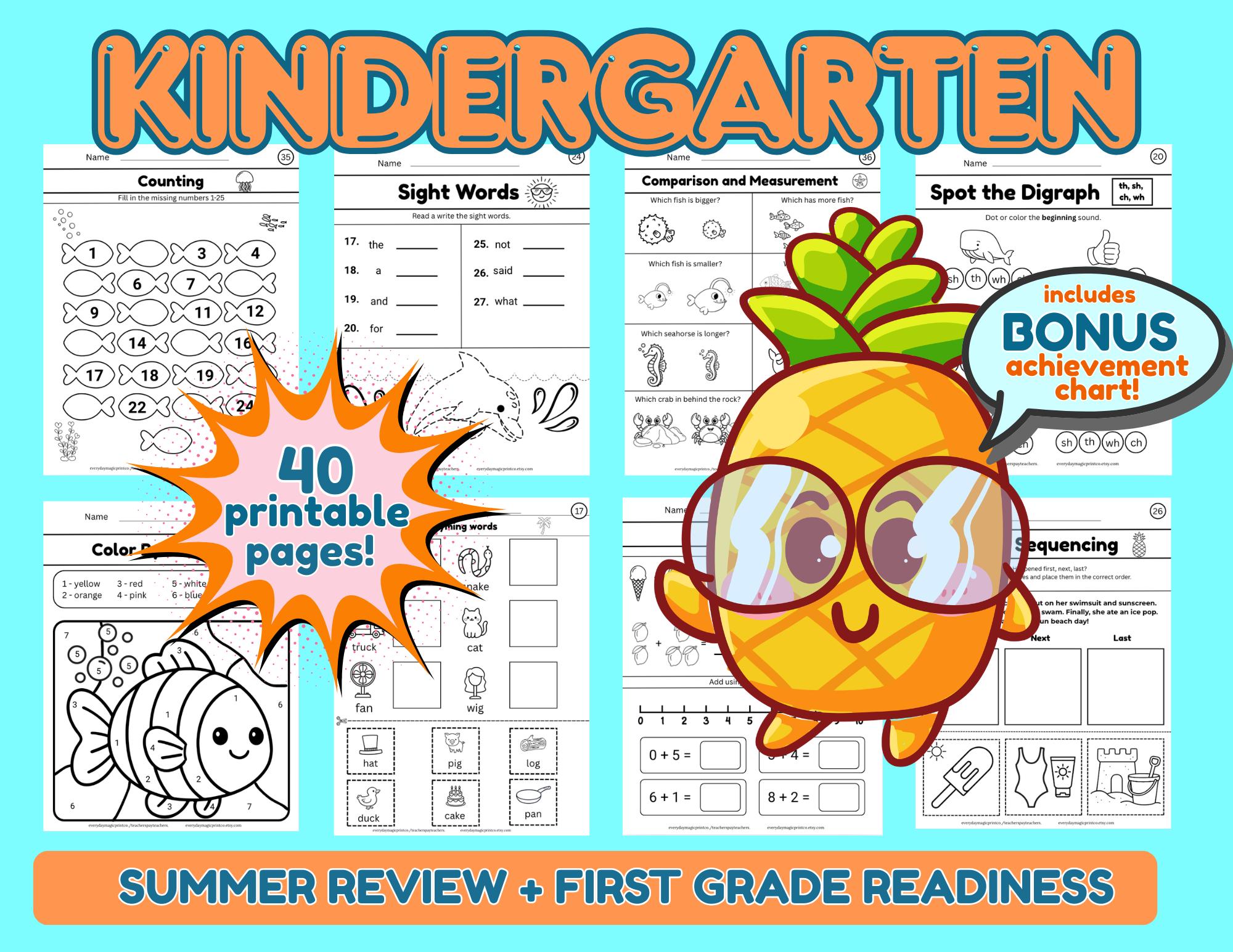 Kindergarten Summer Review Packet | Math ELA Printable Worksheets (40 ...