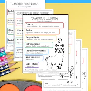 May include: Educational printable worksheets titled "PUNCTUATION PALS!" for grades 1-4. The pages feature colorful illustrations of a penguin, shark, and llama, with text explaining punctuation rules. Includes 6 pages of learning materials.