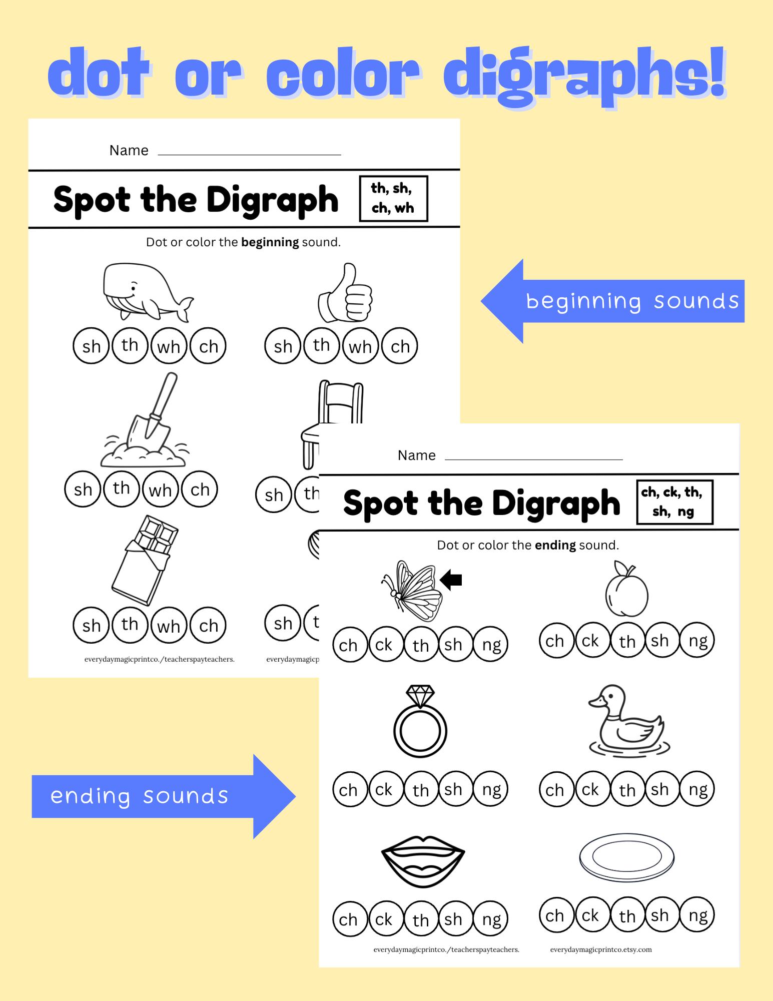 Kindergarten Digraph Worksheets | Beginning & Ending Digraphs | Digraph ...