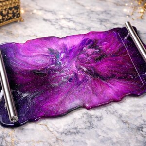 Witchy Galaxy Resin Tray with Metal Handles – Purple & Pink Aurora Shimmer – Celestial Gothic Home Decor – 12x6.5 Handmade Serving Tray