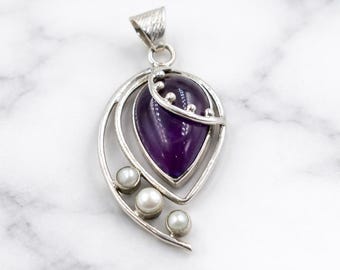 Sterling Silver Amethyst Pearl Pendant Necklace – Statement Gemstone Jewelry