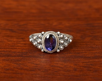 Blue Iolite 925 Sterling Silver Ring Gold Plated Handmade Boho Stacking Promise Engagement Ring Gift for Her
