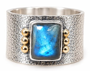 Natural Labradorite Silver & Brass Ring, Handmade Wide Band Statement Ring, Rectangular Gemstone Ring, Boho Jewelry, Gift for Her