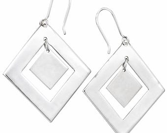 Geometric Silver Drop Earrings, Sterling Silver Dangle Earrings, Boho Statement Earrings, Modern Square Earrings, Minimalist Gift for Her