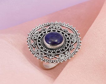 Natural Blue Lapis Lazuli 925 Sterling Silver Handmade Statement Boho Ring Gold Plated Ring