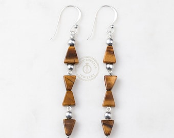 Tiger Eye Gemstone Sterling Silver Drop Earrings, Boho Jewelry