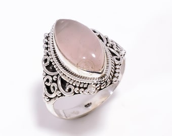 Boho Natural Pink Rose Quartz 925 Sterling Silver Handmade Design Ring Gold Plated Ring for Women