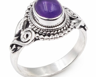 Purple Gemstone Ring, 925 Sterling Silver Ring, Boho Statement Ring, Vintage Handmade Ring, Oval Cabochon Ring, Gift For Her