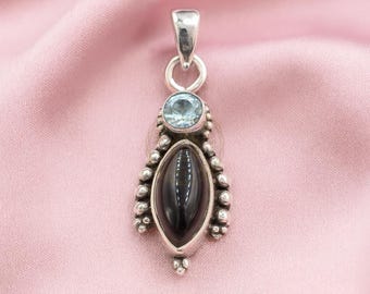 Blue Topaz & Black Onyx Pendant 925 Sterling Silver 18k Gold Pendant Two Stone Pendant Birthstone Jewelry Handmade Necklace Gift for Women