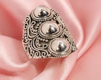 925 Sterling Silver Handmade Statement Boho Stacking Ring Triple Ball Ring Gold Plated Jewelry