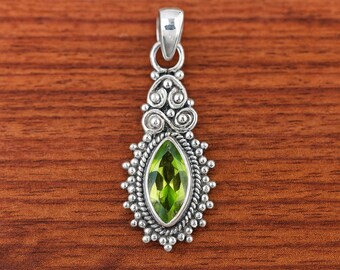 Marquise Shape Green Peridot Pendant 925 Sterling Silver Pendant Handmade Gemstone Pendant Unique Design Pendant Gift Jewelry For Wife Mom